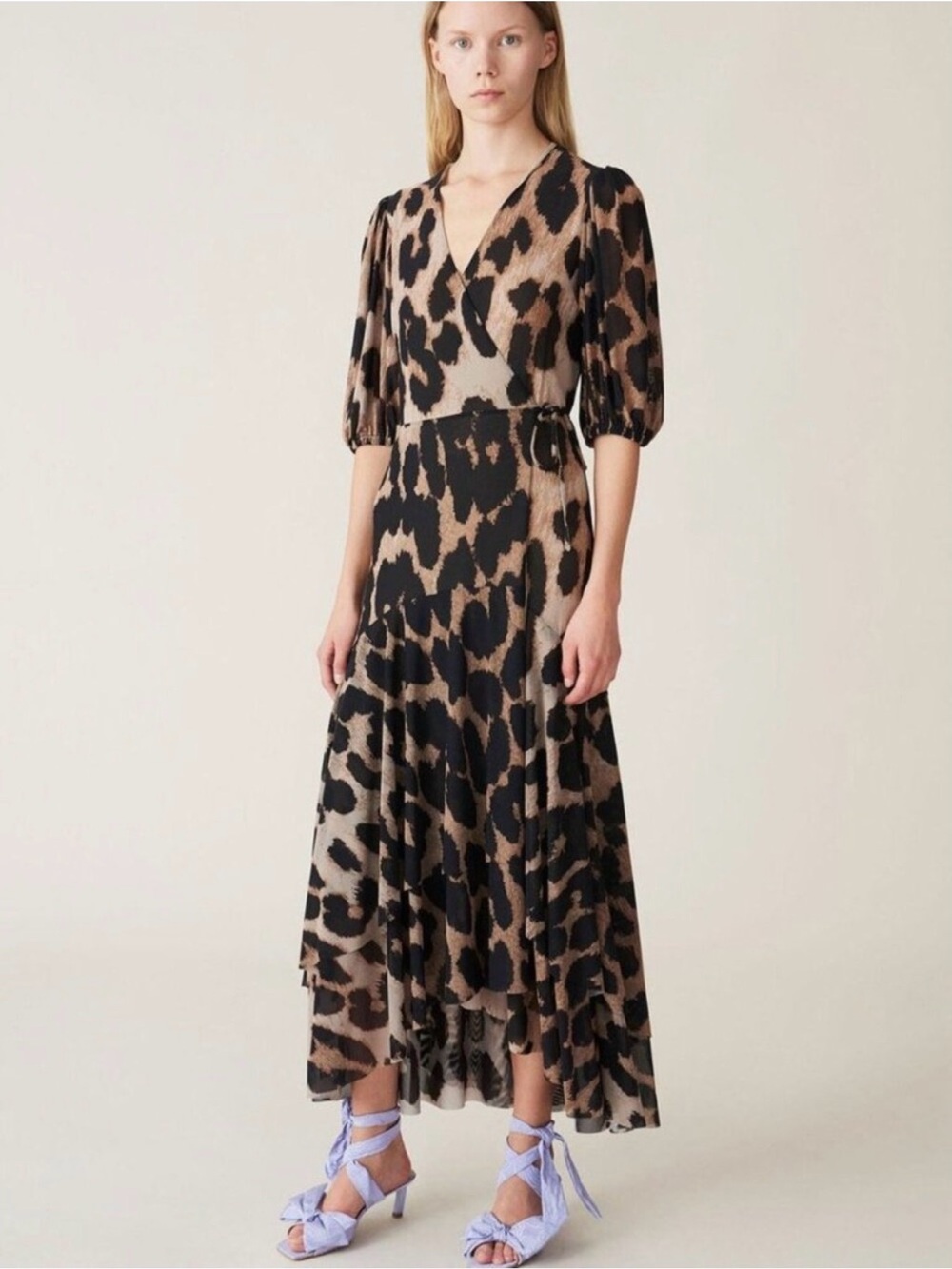 Animal Print Wrap Maxi Dress with Puff Sleeves - Brown/Black